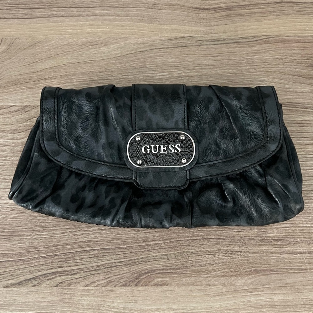 218 - GUESS Black Grey Leopard Clutch Bag